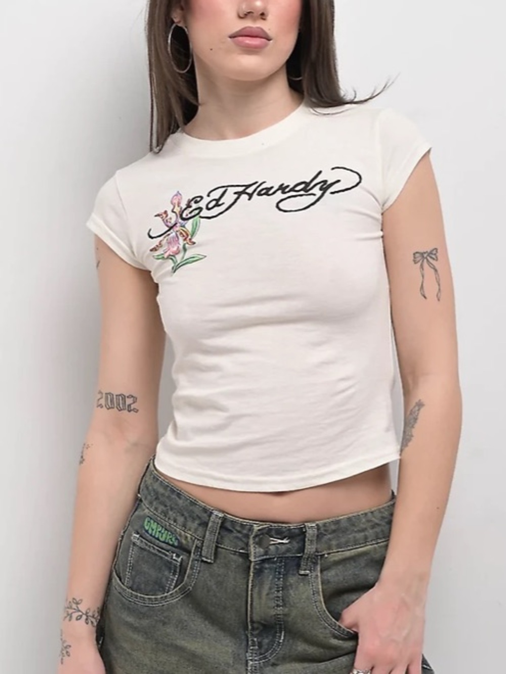 Ed Hardy Ivory Short-Sleeve Logo Tee with Swallow Back